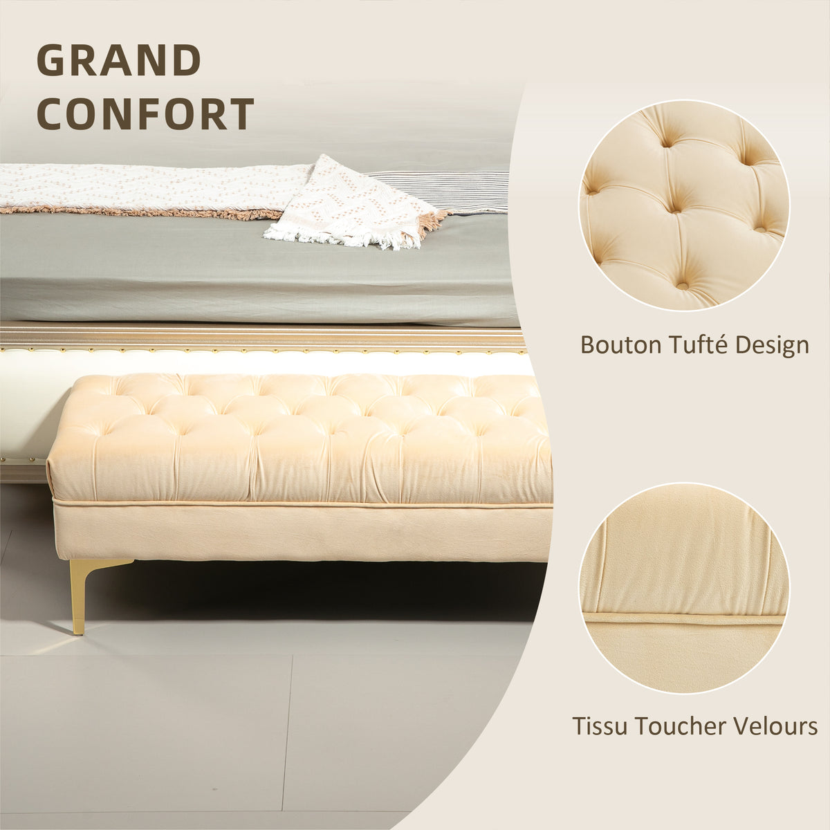 Banc banquette capitonnée bout de lit style classique chic dim. 118L x 45l x 42H cm piètement métal doré velours beige-4
