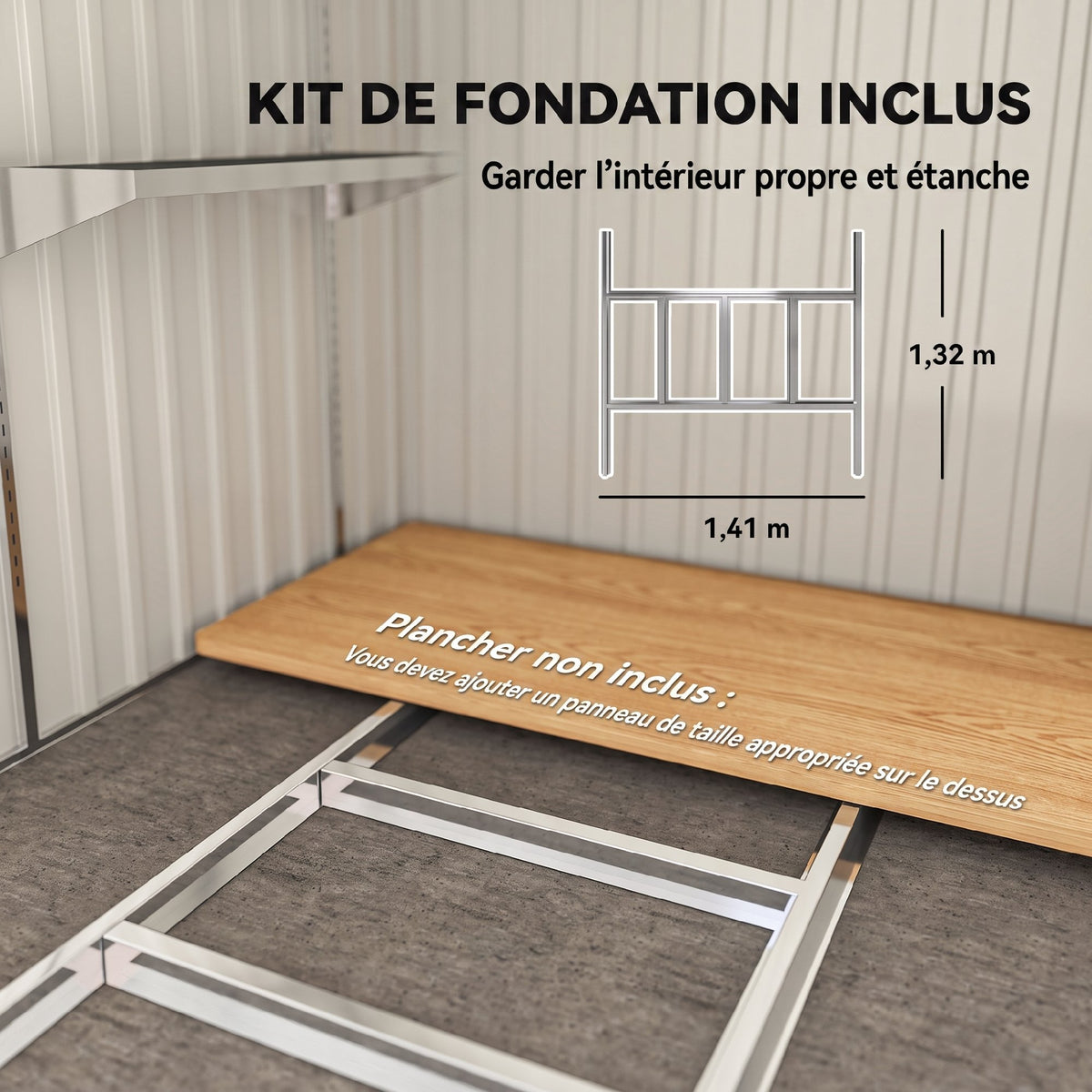 Abri de Jardin 2,81 m² avec Fondation, Abri à Outils Extérieur Adossé en Acier Galvanisé, 154x206,5x181cm, Gris Clair-5