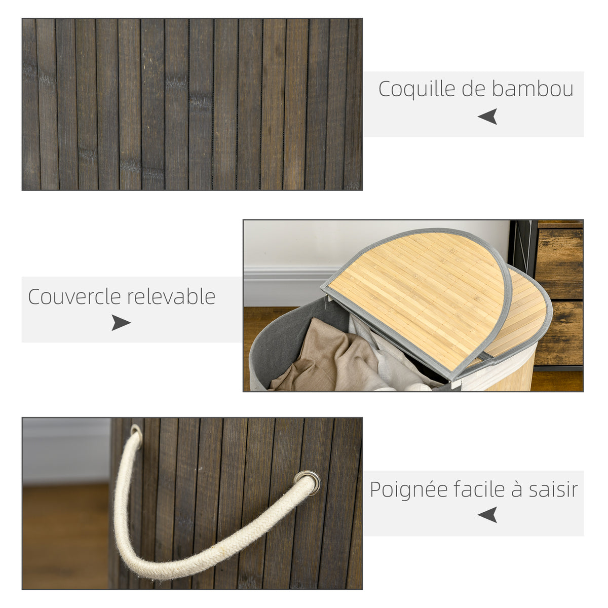 Panier à linge en bambou 100L avec 2 sections couvercle et sac amovible 62,5 x 37 x 60,5 cm - gris-6
