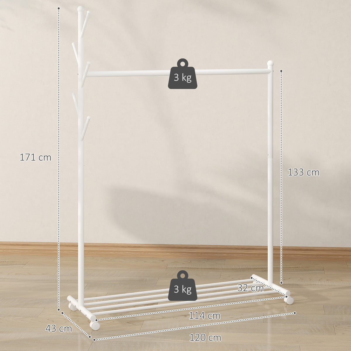 Portant à vêtements, porte-manteau sur roulettes avec étagère à chaussures et 5 crochets, 120 x 43 x 171 cm, blanc-2