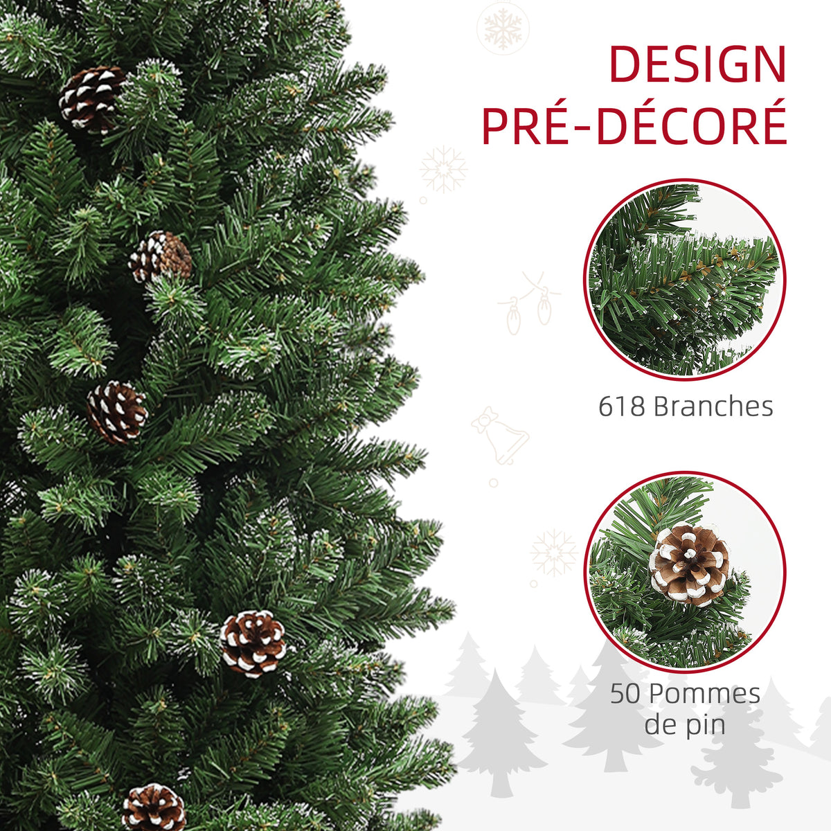 Sapin de Noël artificiel 180 cm arbre de Noël Slim avec support en acier pliable, 618 branches épines, vert-4