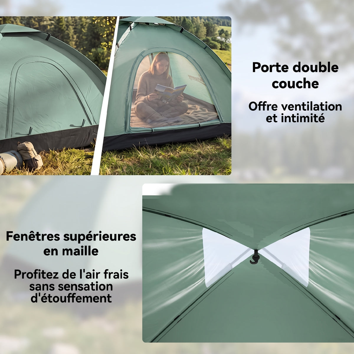 Tente de camping 2 personnes camouflage tente dôme légère ventilée facile à monter avec portes zippées-3