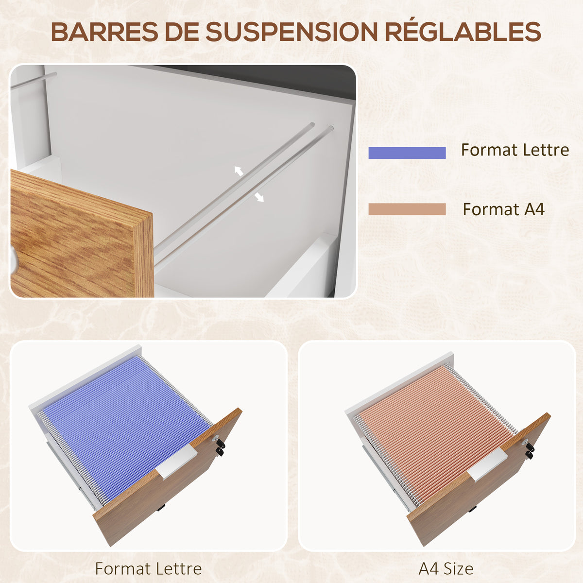 Caisson de bureau, meuble de rangement 2 tiroirs 2 barres pour dossier suspendu, verrouillable avec 2 clés 42x40x60 cm-4