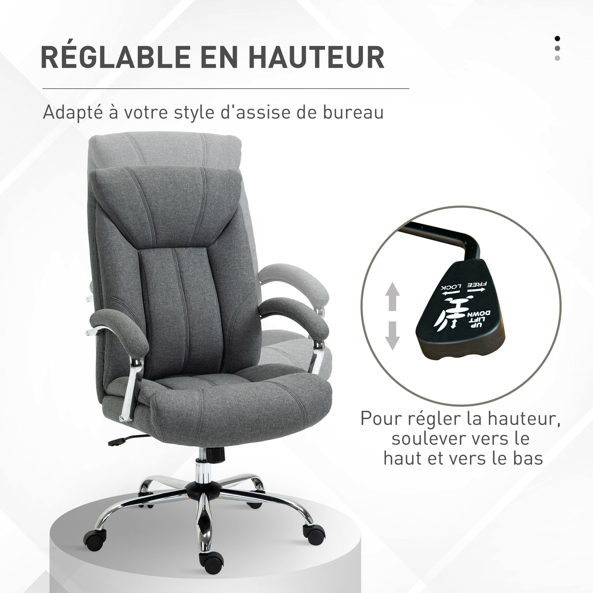 Fauteuil de bureau, chaise de bureau ergonomique, hauteur réglable, dossier haut, fonction de bascule, 65x78x118cm, gris-3