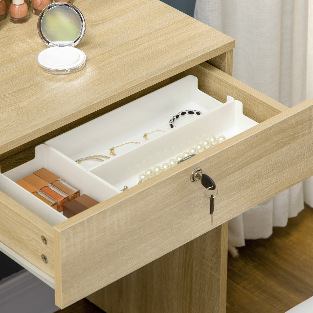 Ensemble de coiffeuse table de maquillage avec tabouret rembourré grand miroir + plusieurs étagères ouvertes + 4 tiroirs bois naturel-6