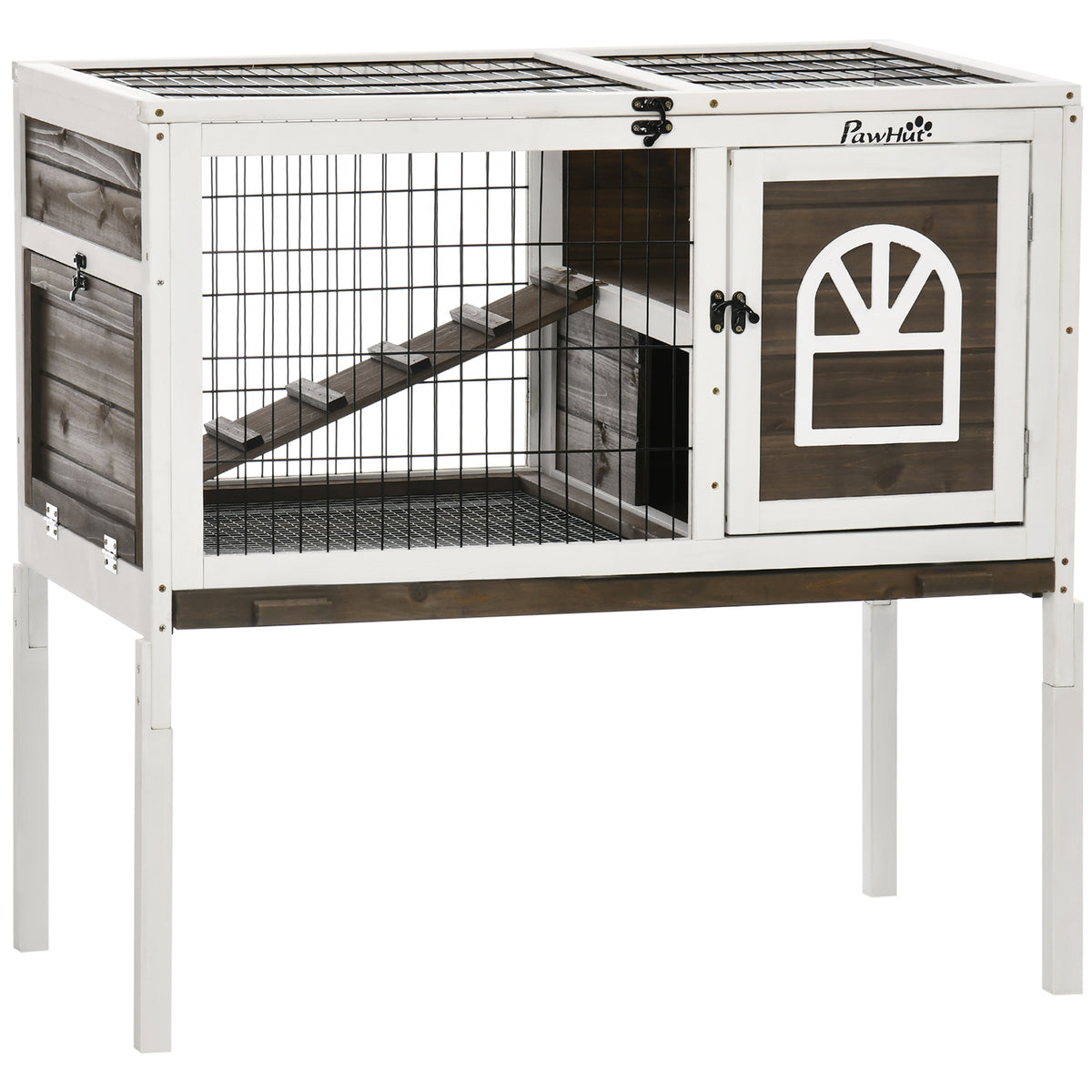 Clapier à lapins cage lapin intérieur, avec bac amovible, 2 portes verrouillables, échelle, 90 x 53 x 87 cm, café-0