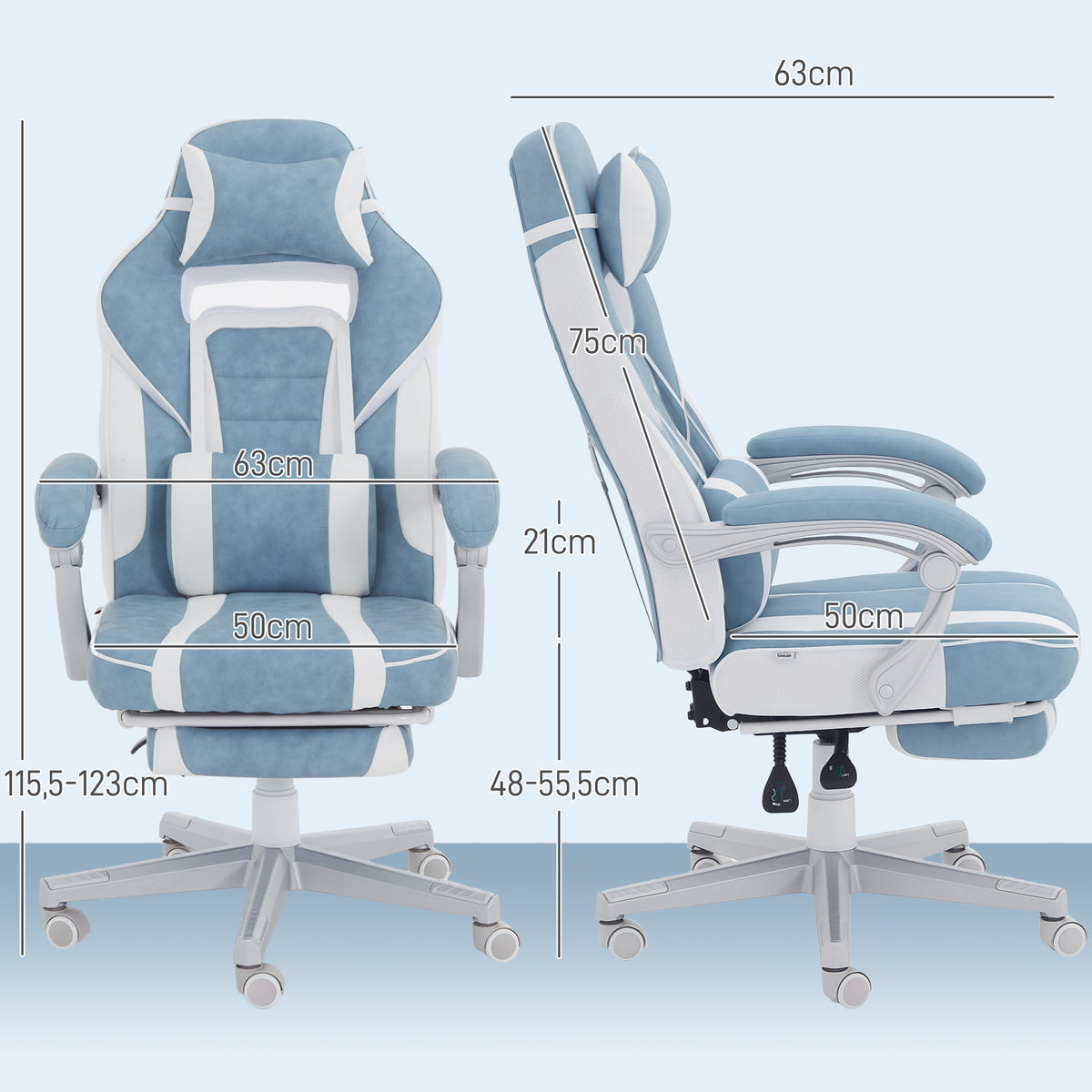 Chaise gaming, fauteuil gaming ergonomique avec repose-pieds, hauteur réglable, dossier inclinable, 63x63x123cm, bleu-2