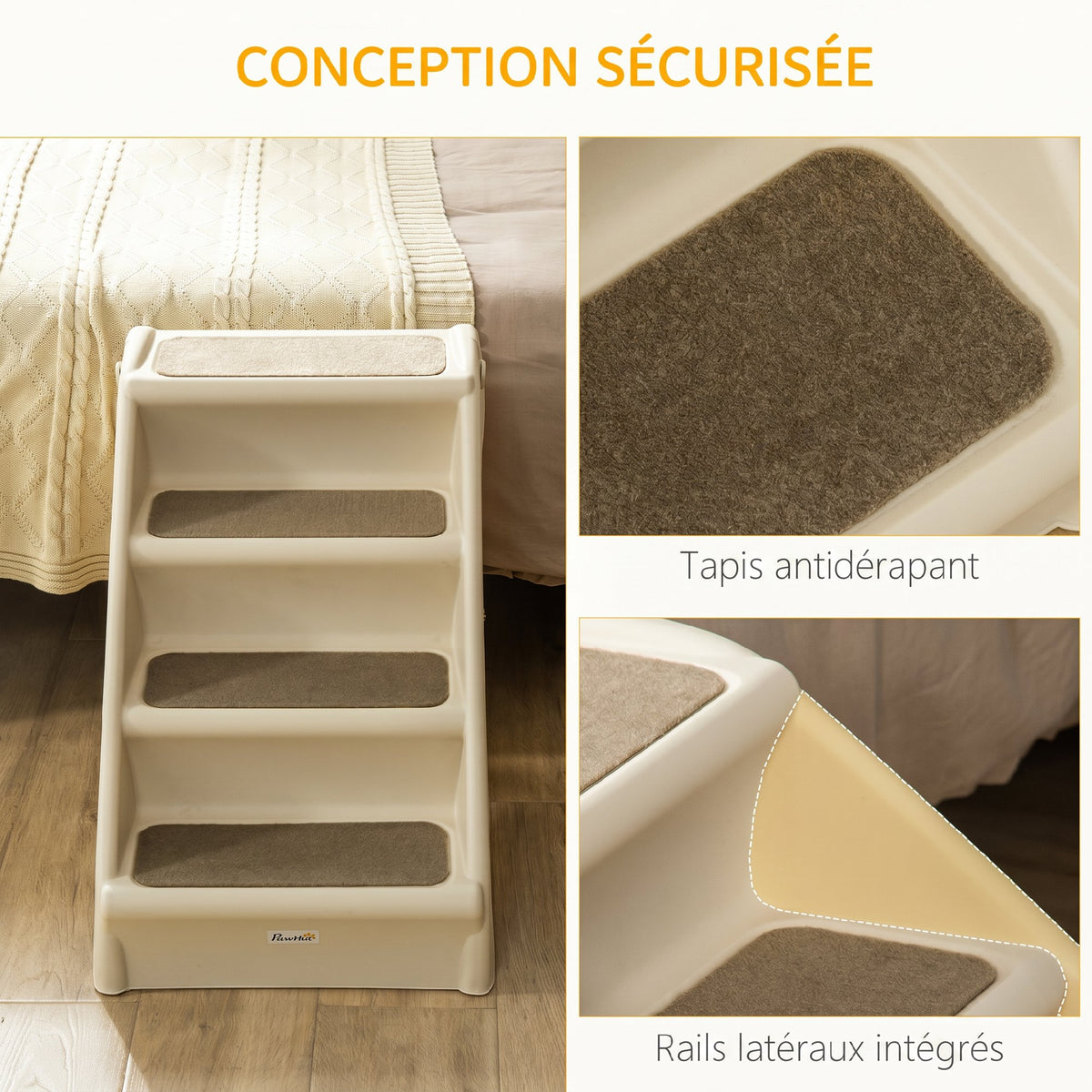 Escalier pour Chien Pliant à 4 Marches Antidérapantes, Escalier pour Animaux en Plastique, 62 x 38 x 49,5 cm, Beige-4