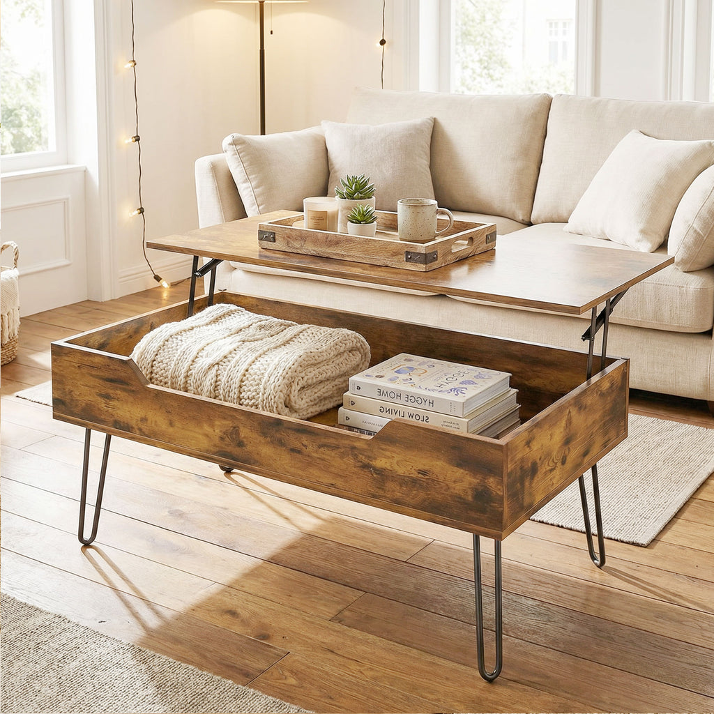 Table Basse Relevable en Bois avec Grand Rangement Caché, Hauteur Réglable, 95 x 50 x 40 cm, Marron Rustique-8