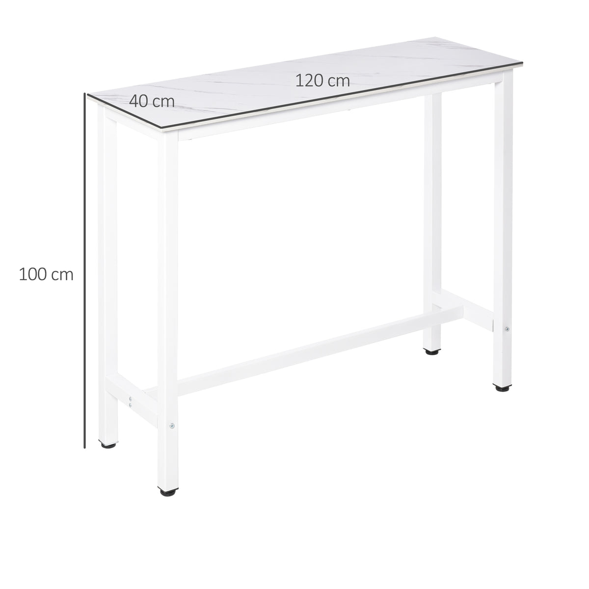 Table de bar table haute de cuisine mange-debout 120 x 40 x 100 cm châssis piètement acier, plateau aspect marbre blanc-2
