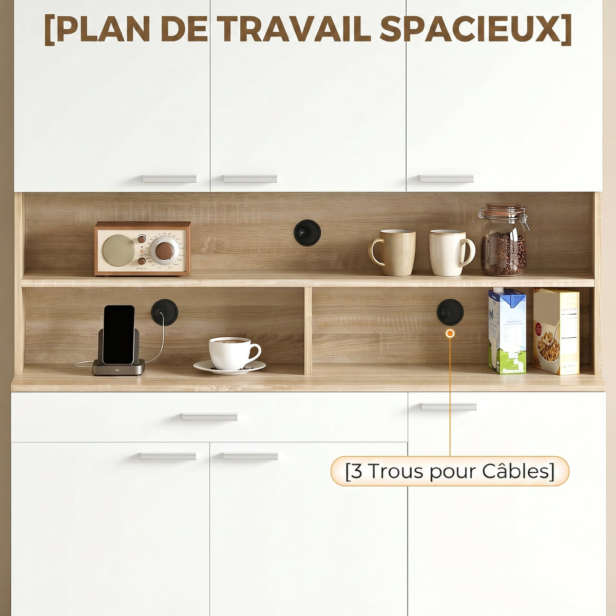 Buffet haut cuisine, armoire de cuisine, 6 portes, tiroir et étagères ouvertes, 120x40x175cm, blanc et bois naturel-4