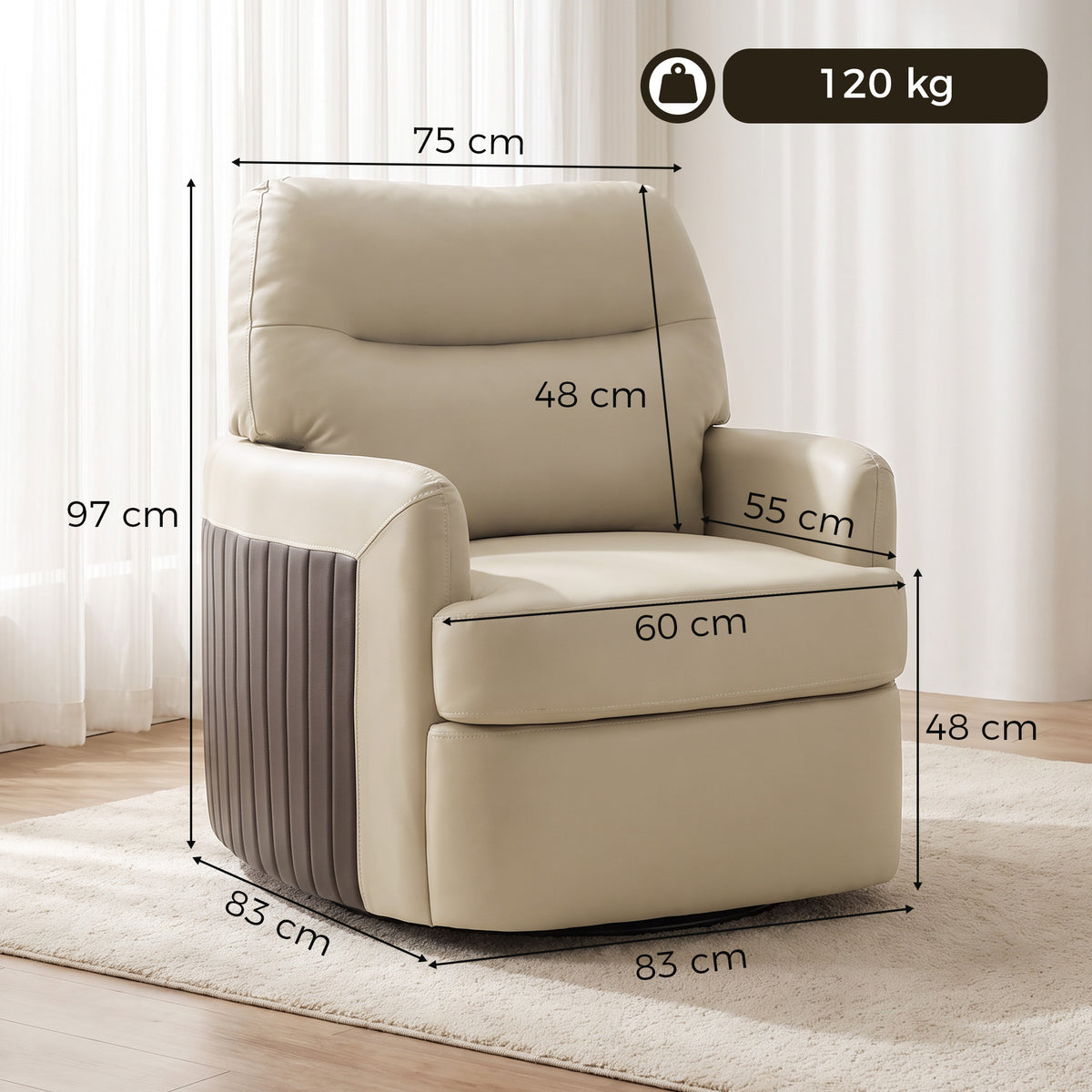 Fauteuil de Salon Pivotant à 360°, Fauteuil Lounge en PU avec Assise Large, Accoudoirs Incurvés, Crème-2