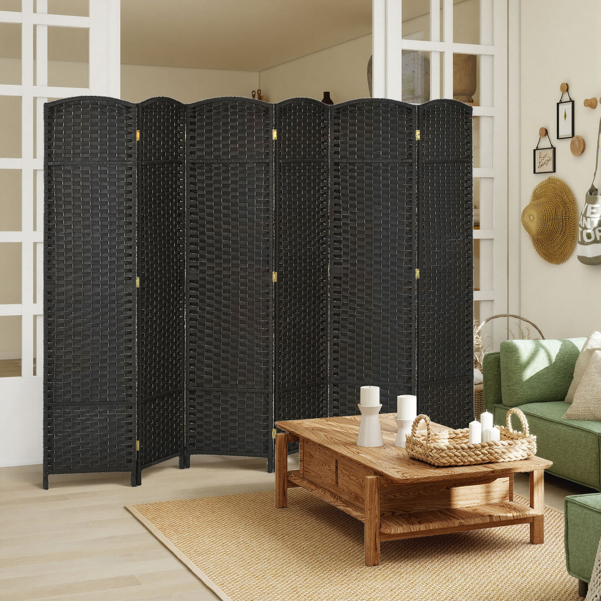 Paravent interieur en bois 6 panneaux 240 x 170 cm séparateur de pièce pliable pour salon, chambre à coucher, naturel-1