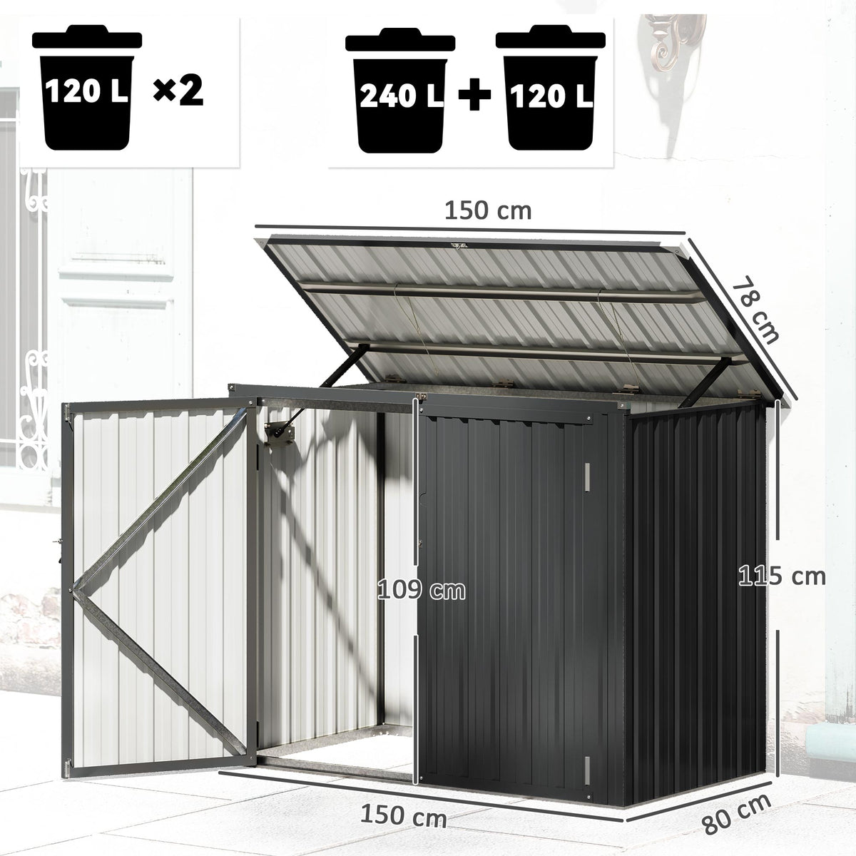 Cache Poubelle Extérieur 1,2 m², 150x80x117cm, Abri de Jardin Acier Galvanisé pour 2 Poubelles, Double Porte à Serrures-2