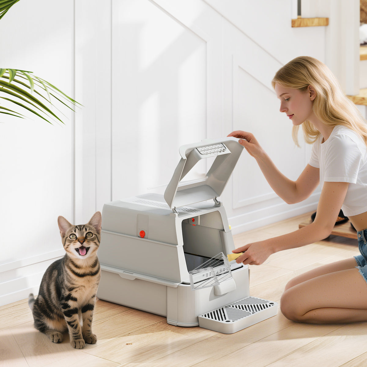 Bac à Litière pour Chat 80L en Inox avec Couvercle Rabattable à 180°, Tiroir Coulissant, Pelle, 63x43x43cm, Gris Clair-1