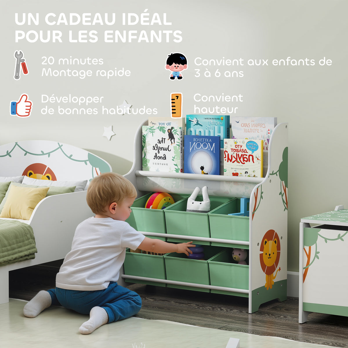 Meuble rangement enfant, rangement jouet enfant, 6 tiroirs en tissu et étagère à deux niveaux, 63x30x71cm, vert-5