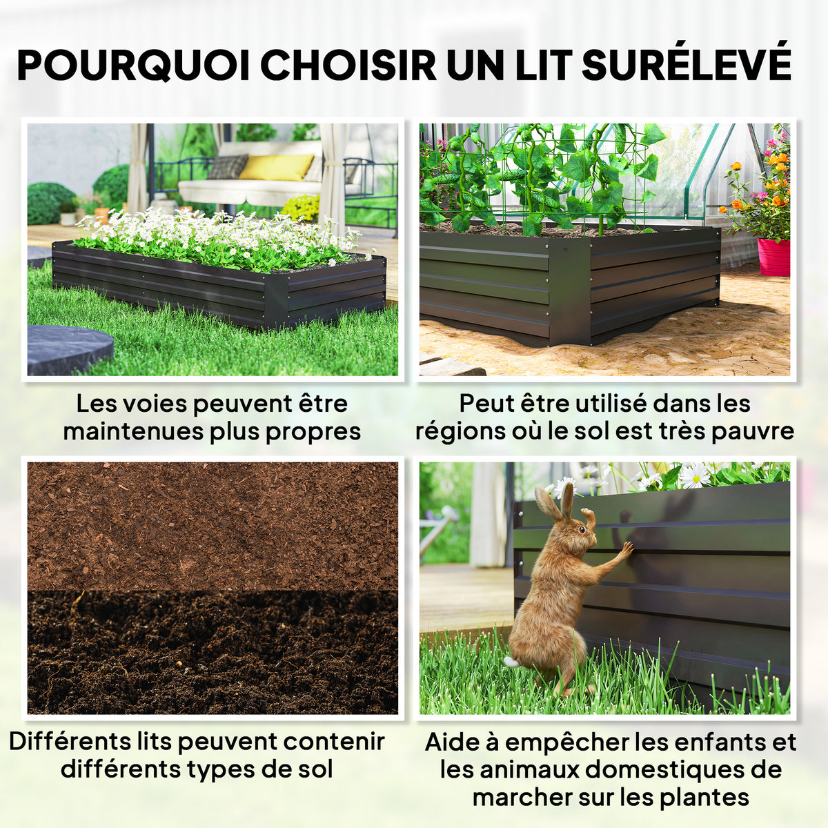 Carré potager jardinière rectangulaire en acier galvanisé tuteurs pour tomates et plantes grimpantes 180 x 90 x 29,5 cm-6