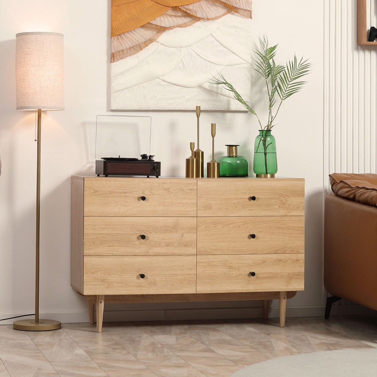 Commode 6 tiroirs meuble de rangement pieds en bois massif 120 x 40 x 80 cm marron clair-6