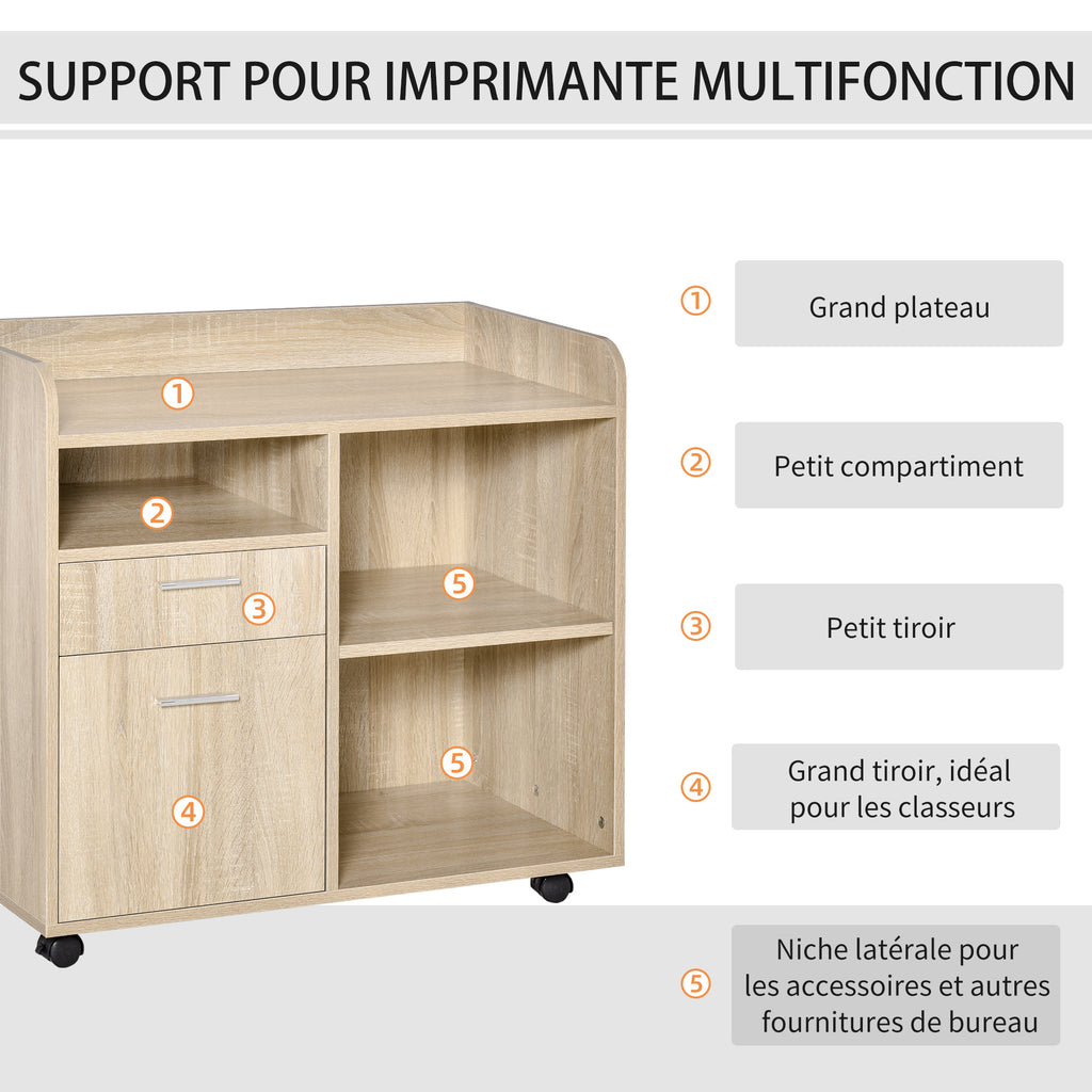 Support d'imprimante - Caisson d'organisation de Bureau Roulant - Dim. 80l x 40P x 72H cm en Bois Chêne clair-3