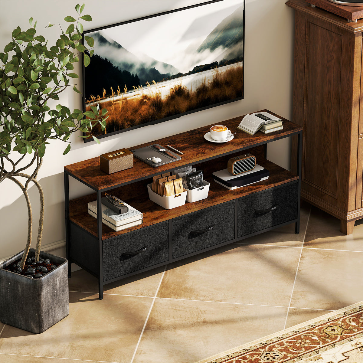 Meuble TV, meuble télé pour téléviseur jusqu'à 55 pouces avec 3 tiroirs et pieds en acier 120 x 29 x 56 cm brun rustique-9
