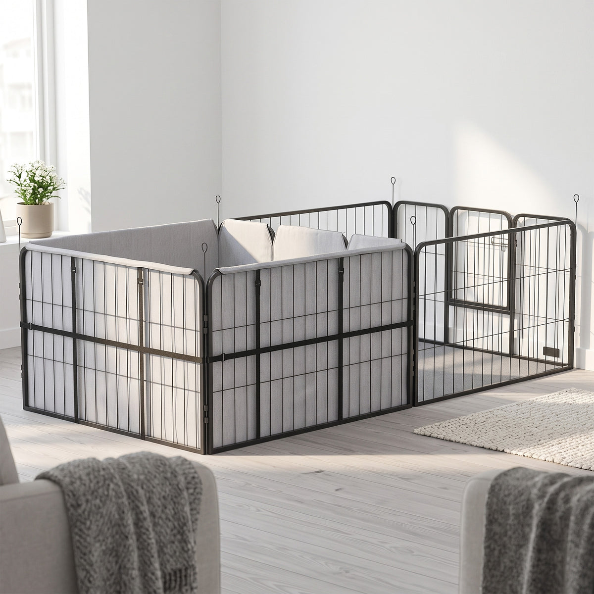 Parc de Mise Bas pour Chien 2 Compartiments Séparés avec Toile Oxford Coupe-Vent 7 Panneaux 203x102x60cm Noir-1