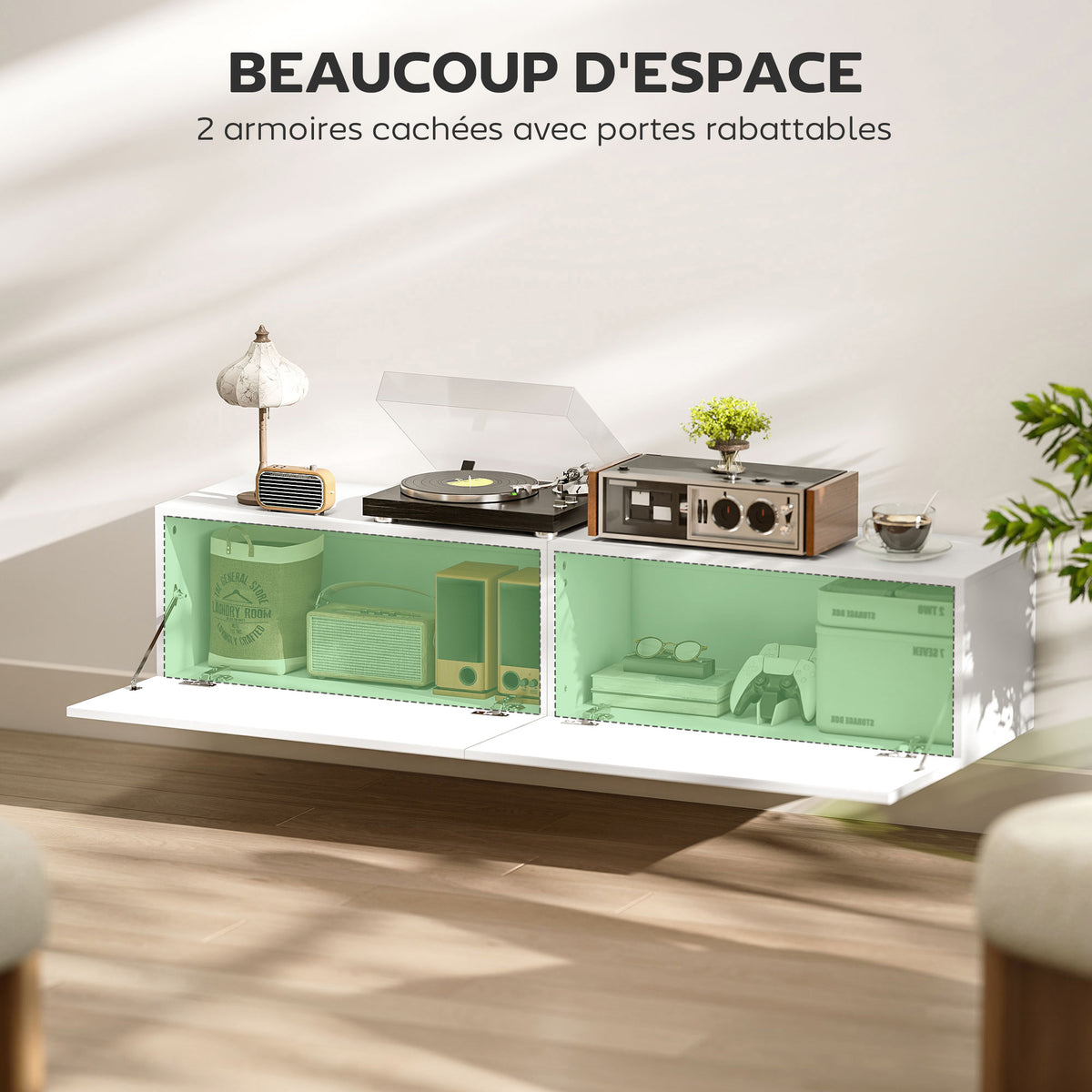 Meuble TV suspendu pour téléviseur jusqu'à 45 55 65 pouces avec 2 placards à portes, 140 x 33 x 29,8 cm, blanc-4