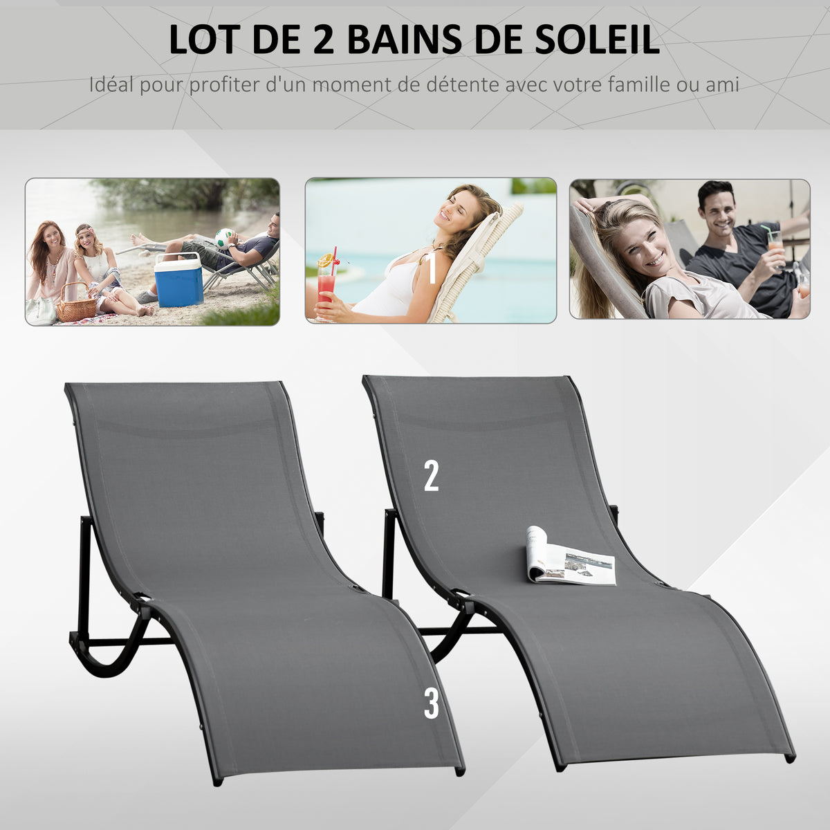 Lot de 2 bains de soleil pliables, chaise longue jardin extérieur en aluminium et textilène anthracite-3