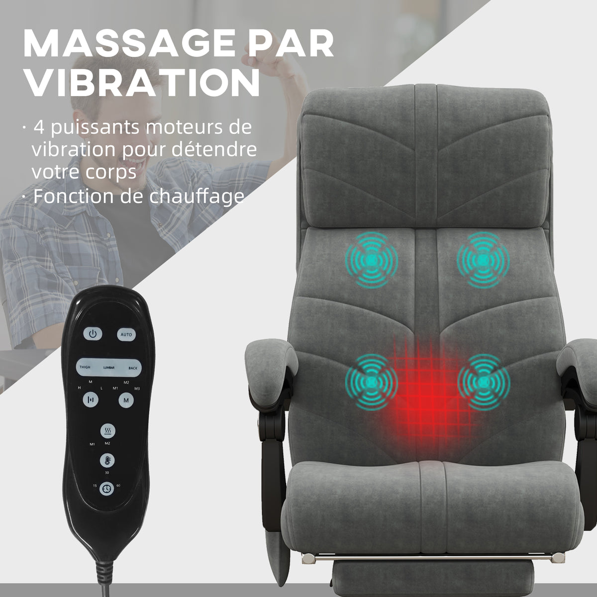 Fauteuil chaise de bureau massant chauffant inclinable avec repose-pieds intégré 5 roulettes gris-3