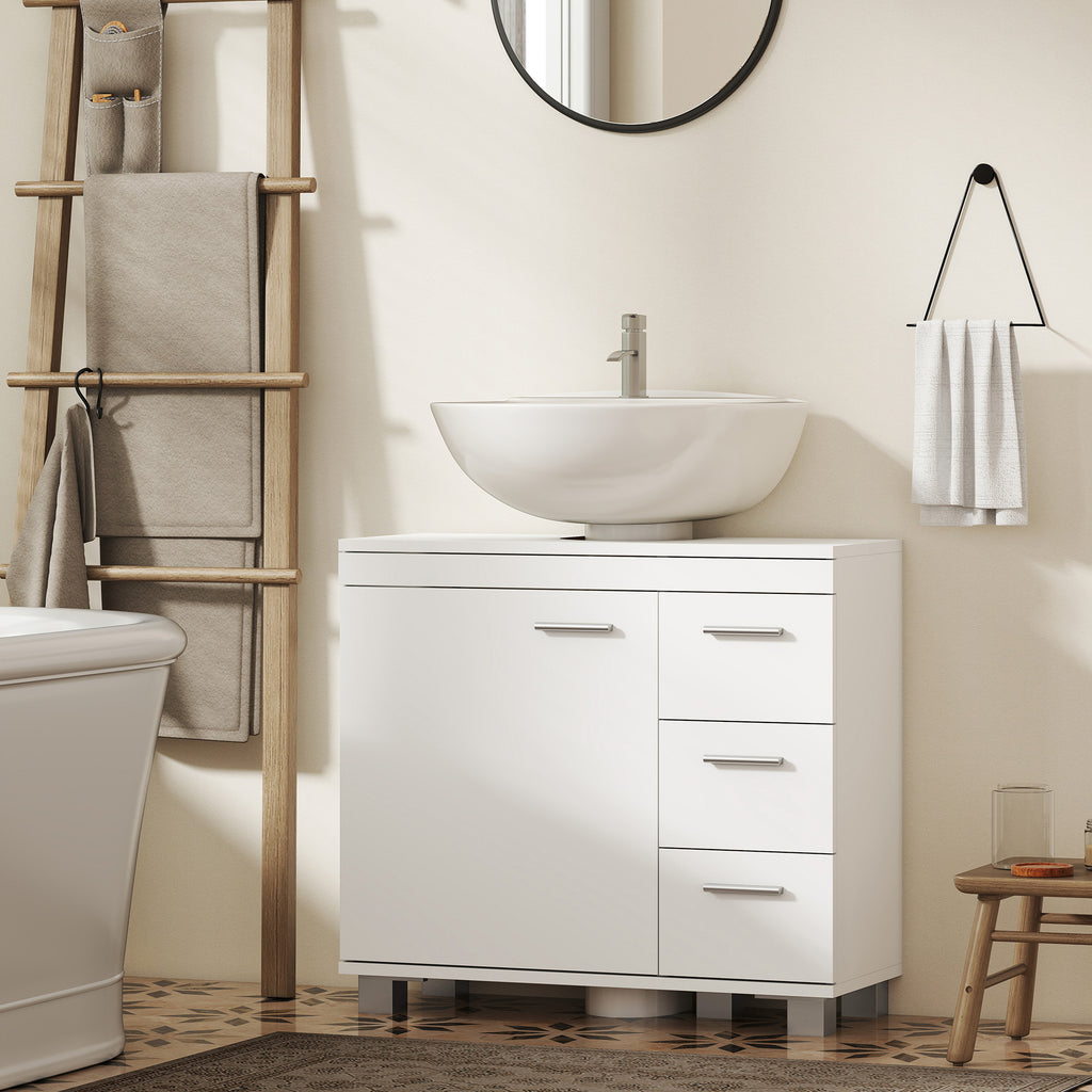 Meuble sous lavabo, meuble de salle de bain avec 3 tiroirs et porte à fermeture amortie, 70 x 30 x 64 cm, blanc-9