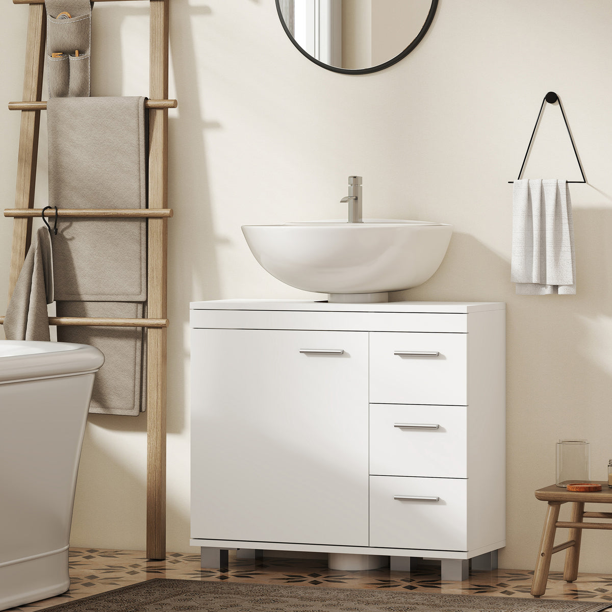 Meuble sous lavabo, meuble de salle de bain avec 3 tiroirs et porte à fermeture amortie, 70 x 30 x 64 cm, blanc-9
