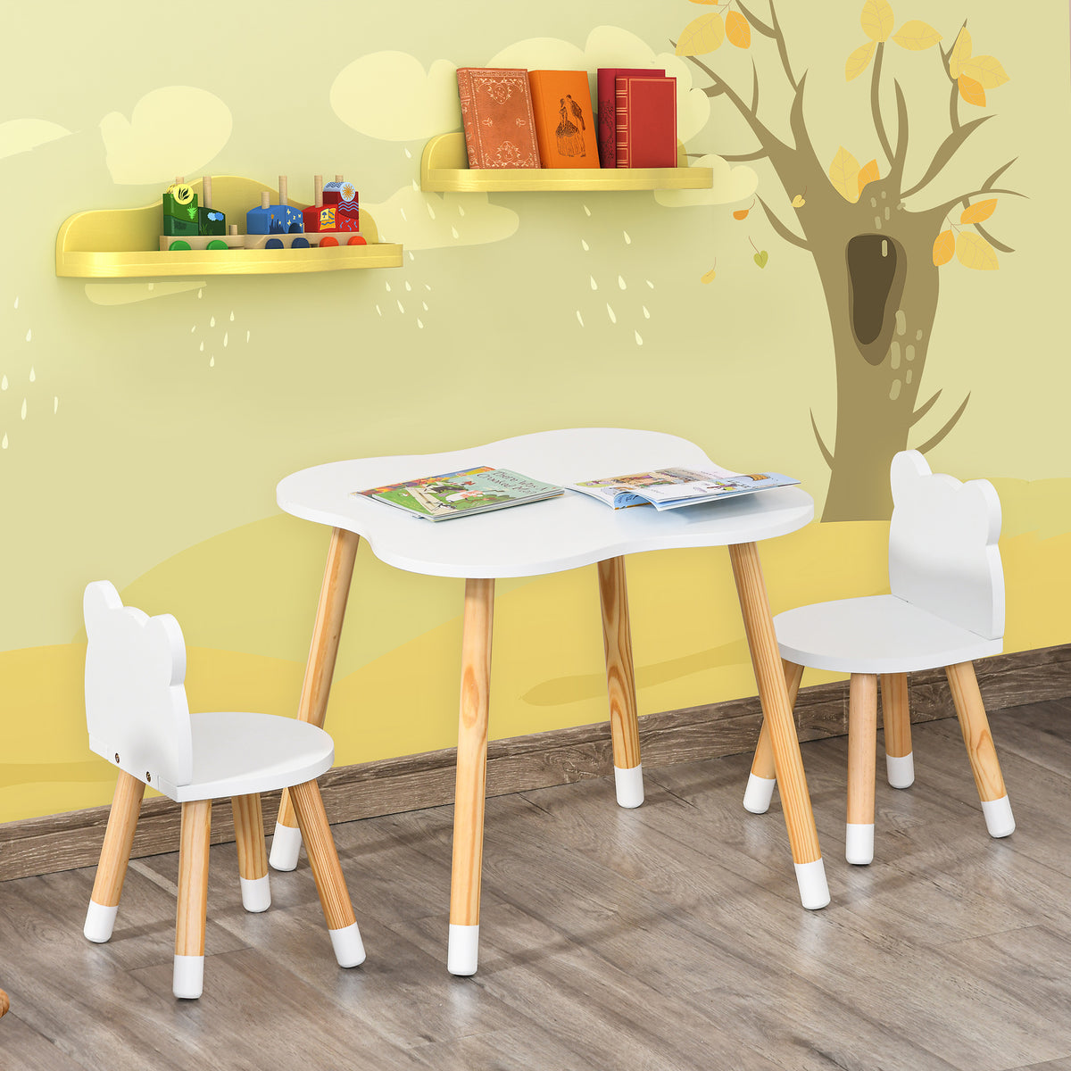 Ensemble table et chaises enfant design scandinave motif ourson bois pin MDF blanc-9