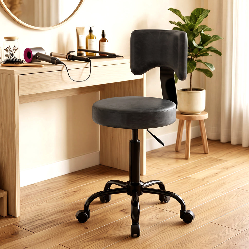 Tabouret à Roulettes, Hauteur Réglable 72-87,5cm, Tabouret de Massage Assise et Dossier Rembourrés, Pivotant 360°, Noir-8