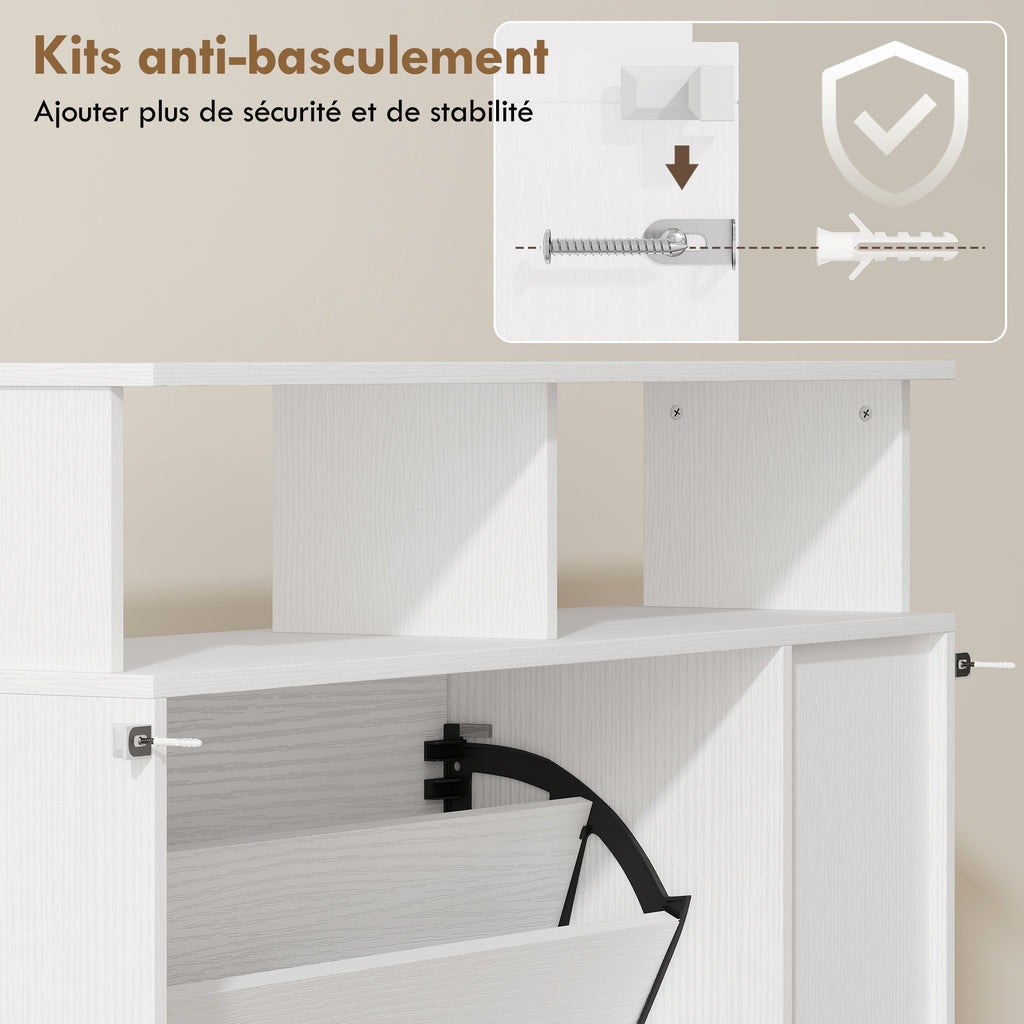 Meuble à chaussures, armoire à chaussures, 2 tiroirs rabattables, compartiments ouverts et étagère réglable, blanc-8