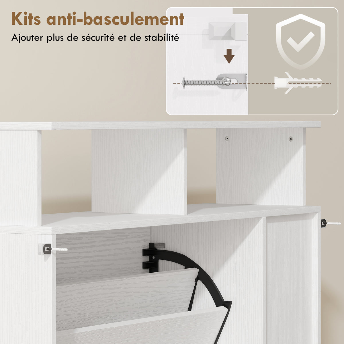 Meuble à chaussures, armoire à chaussures, 2 tiroirs rabattables, compartiments ouverts et étagère réglable, blanc-8