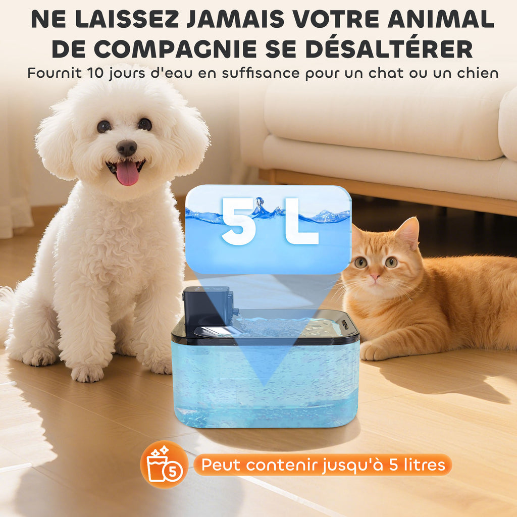 Fontaine à eau pour chat automatique en inox 5L, silencieuse, distributeur eau chat 3-étapes filtre chargeur USB, argent-4