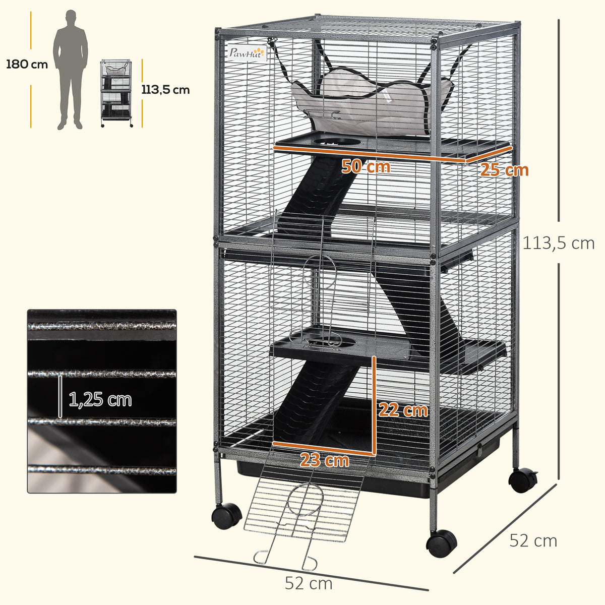 Cage pour Petits Animaux Portable à 4 Niveaux Cage Chinchilla Cage Furet avec Roulettes, 2 Portes, 3 Rampes, Hamac et Plateau Amovible, 52 x 52 x 113,5 cm Gris-2