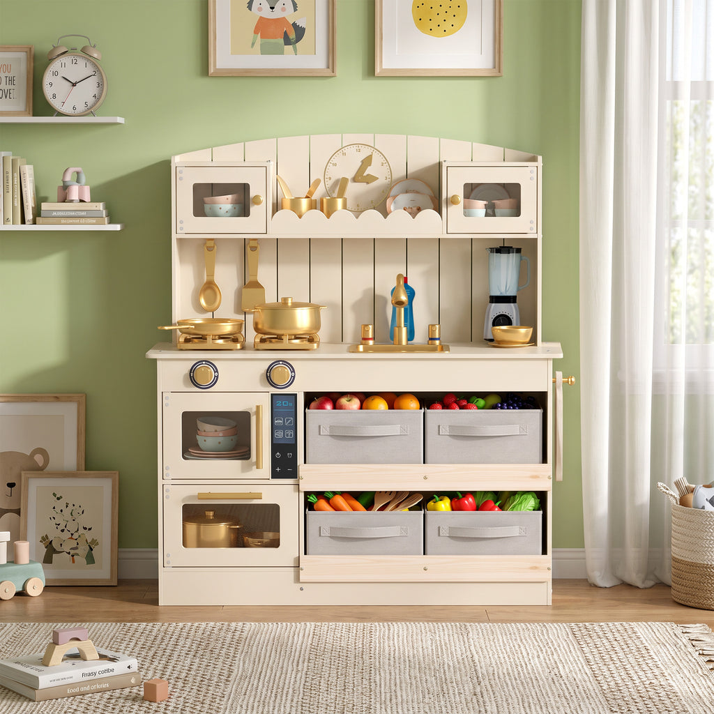 Cuisine Enfant, Cuisine en Bois Enfant Dinette, Effet Lumières et Sons, 4 Bacs en Tissu, 12 Accessoires, 3-6 Ans, Crème-9