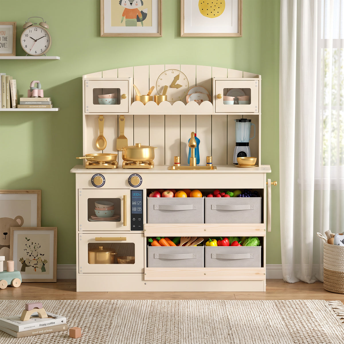Cuisine Enfant, Cuisine en Bois Enfant Dinette, Effet Lumières et Sons, 4 Bacs en Tissu, 12 Accessoires, 3-6 Ans, Crème-9