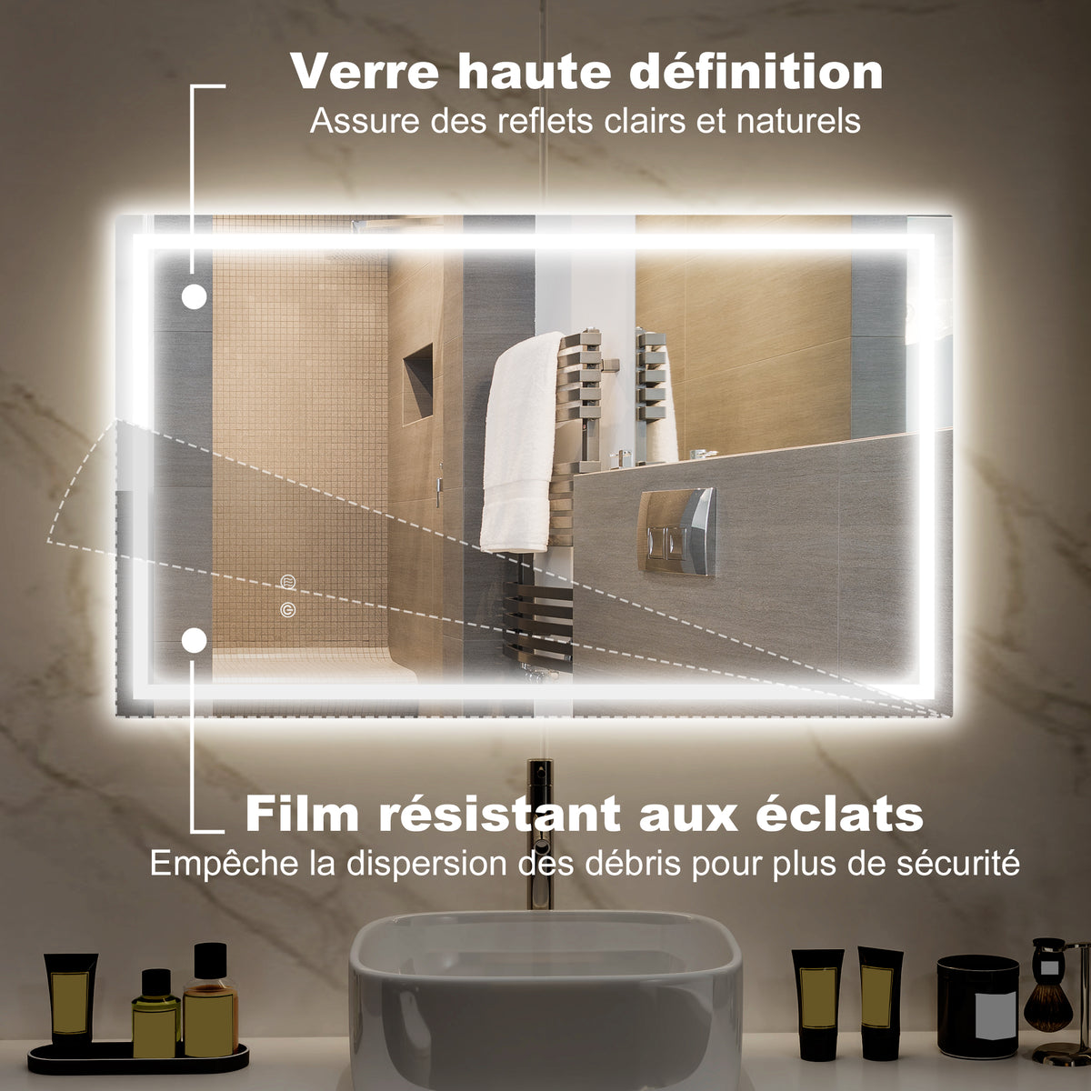 Miroir salle de bain éclairage LED miroir lumineux salle de bain mural interrupteur tactile lumière 3 couleurs 100 x 60 cm-5