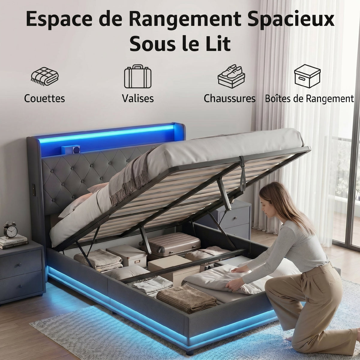 Lit coffre 140x190cm éclairage LED et station de charge cadre de lit double rembourré lin rangement hydraulique gris-3