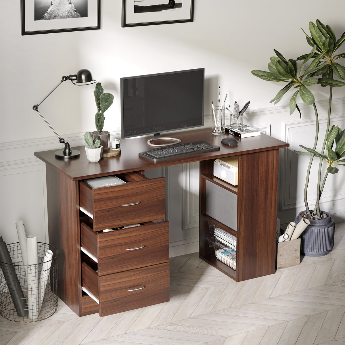 Bureau d'ordinateur avec 3 tiroirs et 3 étagères ouvertes, 120x49x72cm, bureau avec rangement réversible, style moderne, table informatique pour chambre, petit espace, télétravail, noyer-1