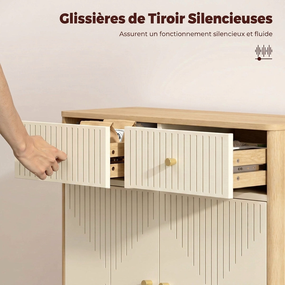 Buffet, meuble de rangement cannelé avec plateau effet chêne, 2 tiroirs, 2 portes, étagère réglable, 77x30x80cm, crème-4