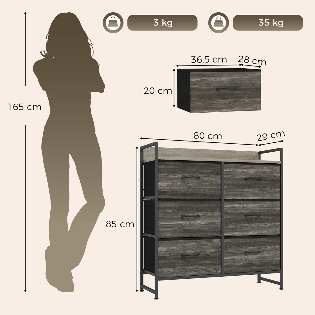 Commode, Meuble de Rangement pour Chambre, 6 Tiroirs en Tissu en Lin, Cadre en Acier, 80 x 29 x 85 cm, Gris-2