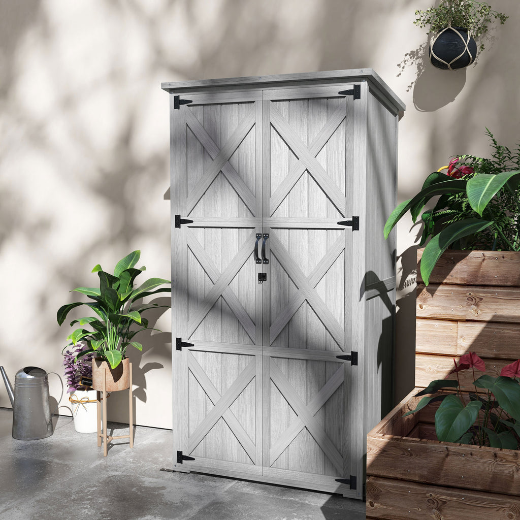 Armoire de jardin, abri jardin sur pied, avec 2 étagères, toit incliné et bitumé, en bois massif, 90x54,5x168,5cm, gris-9
