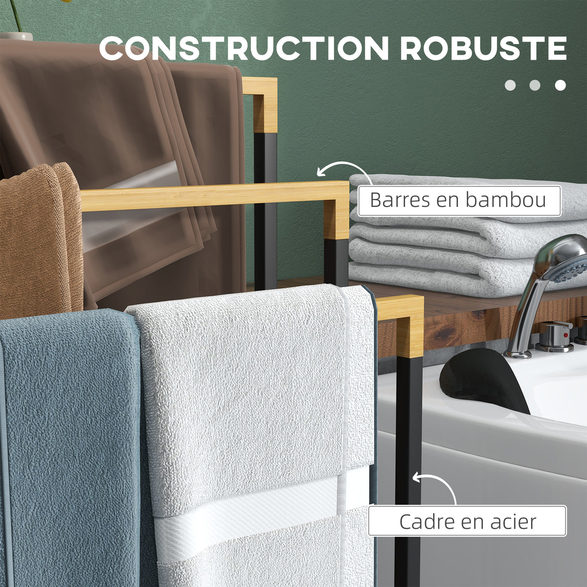 Porte-serviettes en bambou et acier sur pieds avec 3 barres support pour serviette 45 x 22,5 x 86 cm noir et naturel-4