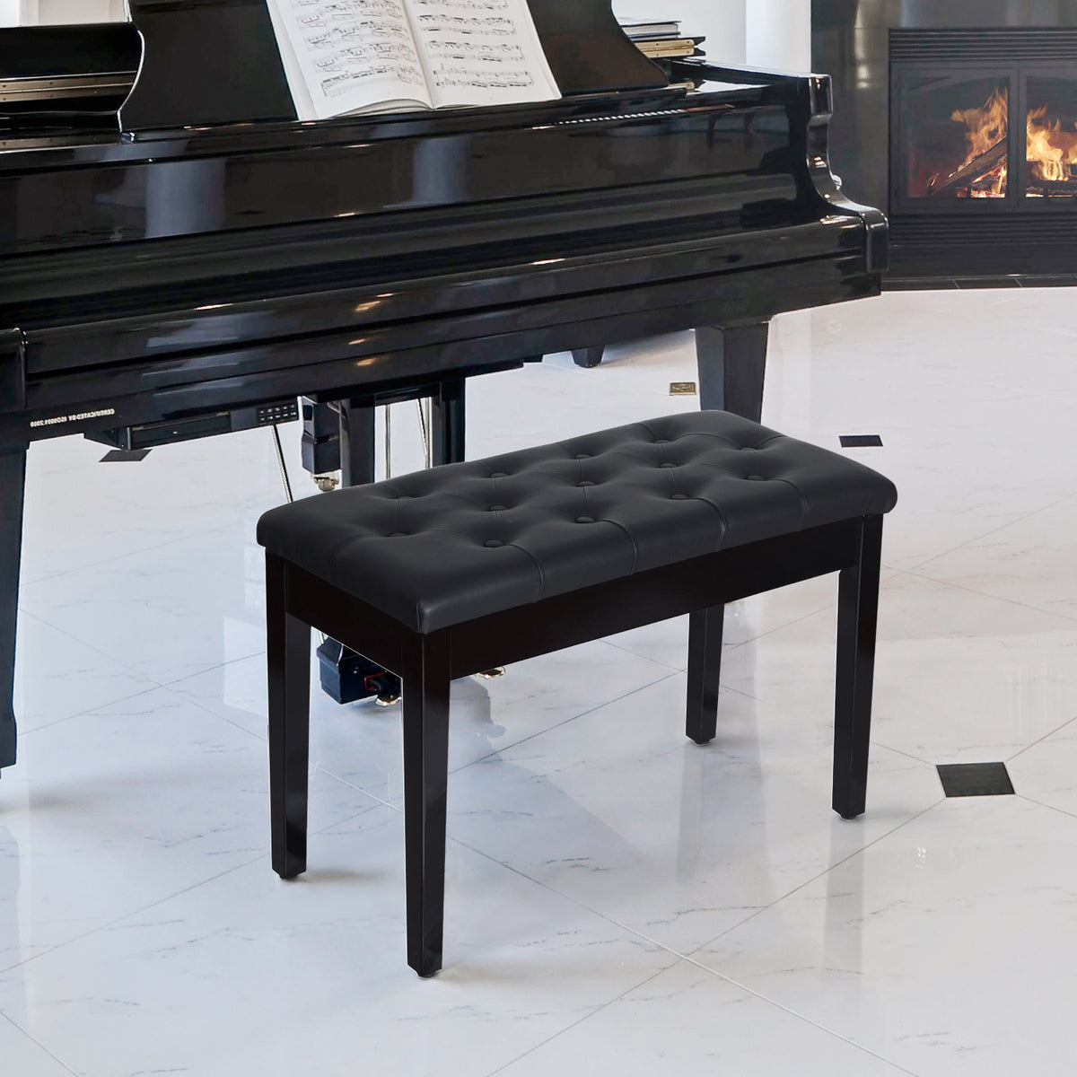 Banquette tabouret siège pour piano avec coffre de rangement pied bois caoutchouc assise capitonnée noir-1