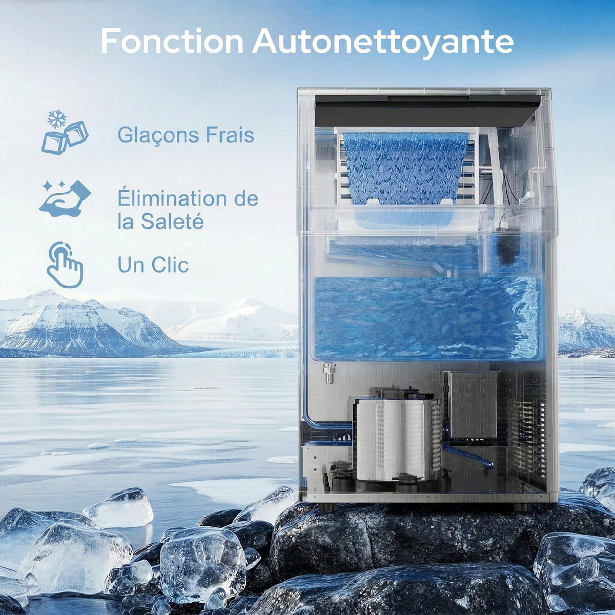 Machine à glaçons commerciale 36 kg/24h, acier inoxydable, ice maker, capacité 5,5 kg, 36 cubes par 10 minutes,-5