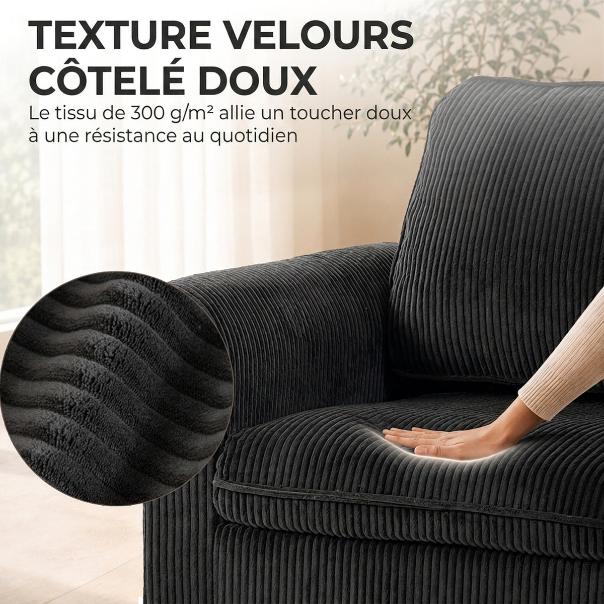 Fauteuil de salon en velours côtelé, canapé 1 place rembourré, assise large, coussin à ressorts, 83x74x87cm, Gris Foncé-5