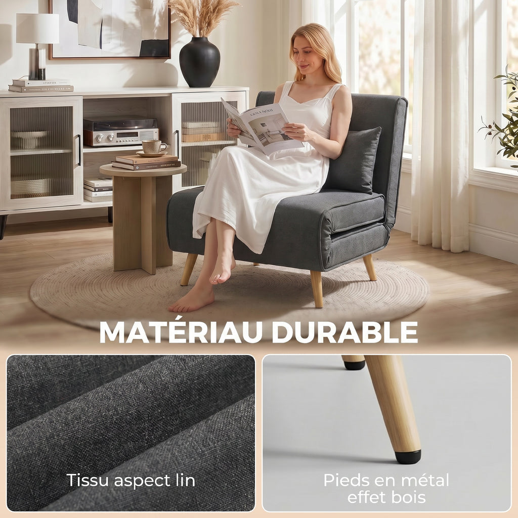 Canapé-lit 1 place avec dossier réglable, coussin inclus et pieds pliables charge 120 kg gris-5