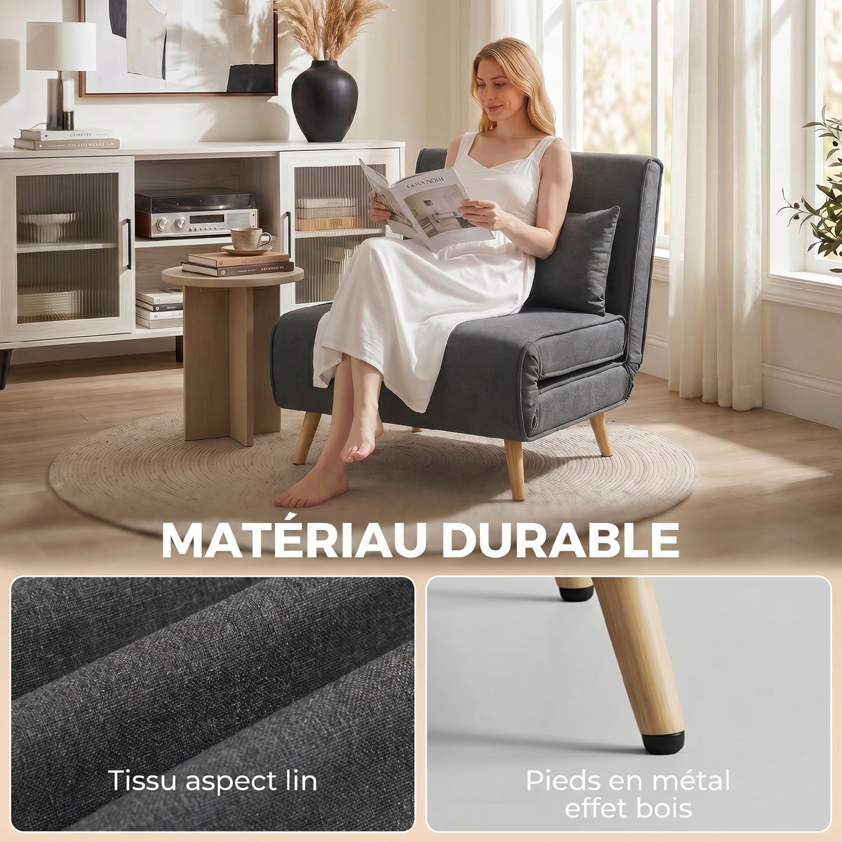 Canapé-lit 1 place avec dossier réglable, coussin inclus et pieds pliables charge 120 kg gris-5